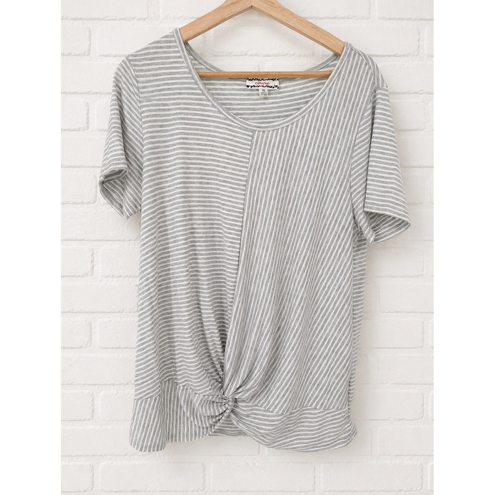 Corvia Top Womens XL Grey Striped Twist Front Short Sleeve Tee